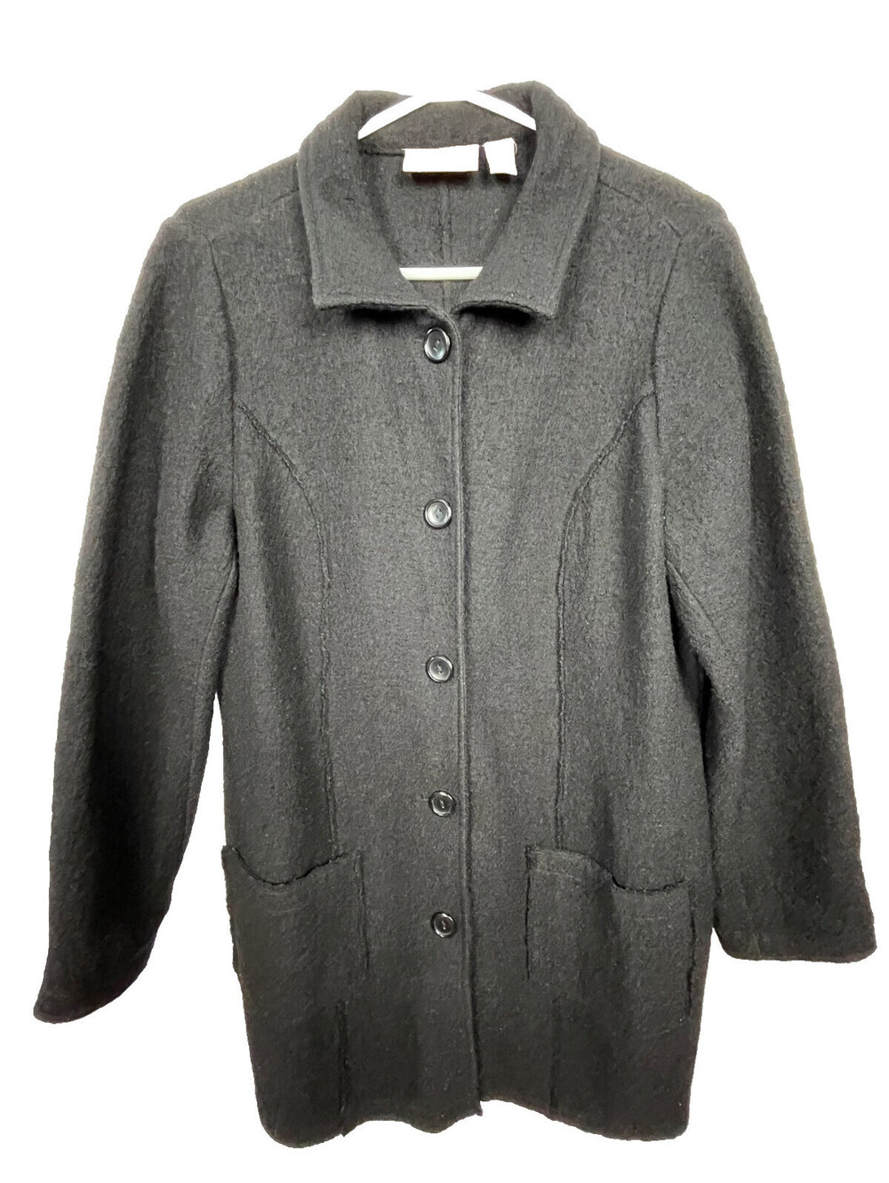 Chico’s Wool Sweater Coat Womens L Black Textured Button Jacket